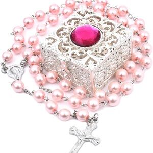 Elegant Pink Pearl Rosary with Ornate Silver Box